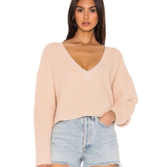 Superdown Pink V-Neck Pullover Cropped Waffle Knit Sweater - Picture 2 of 11
